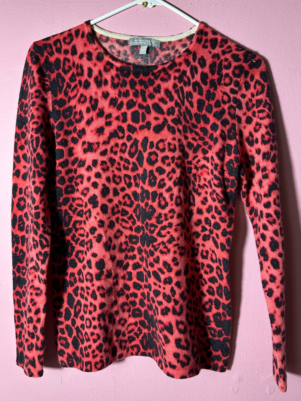 Neiman Marcus Cashmere Red and Black Leopard Cashmere Crewneck